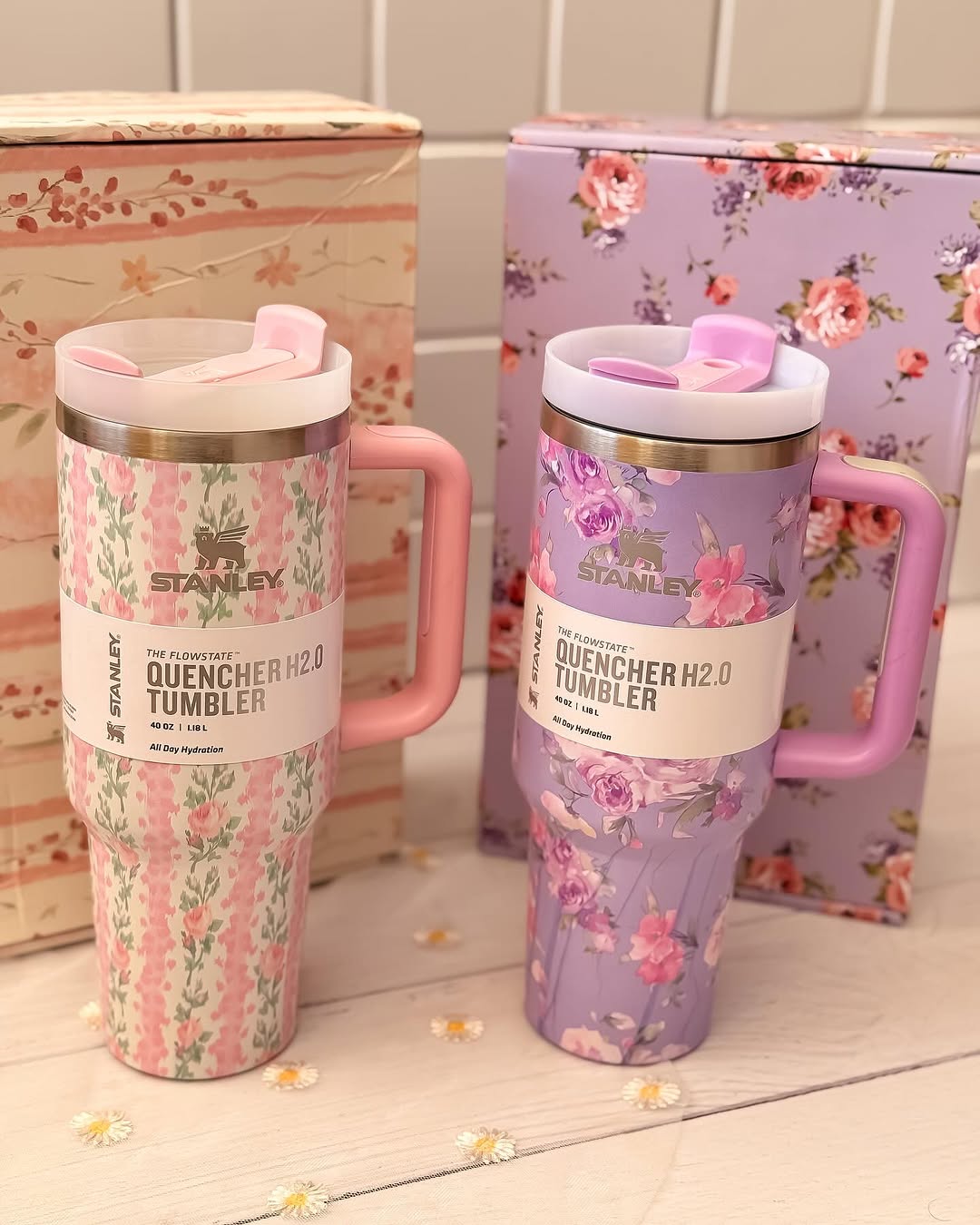 Stanley Quencher 40oz tumbler in Beaux Pink by LoveShackFancy, floral design with ergonomic handle and wide mouth lid