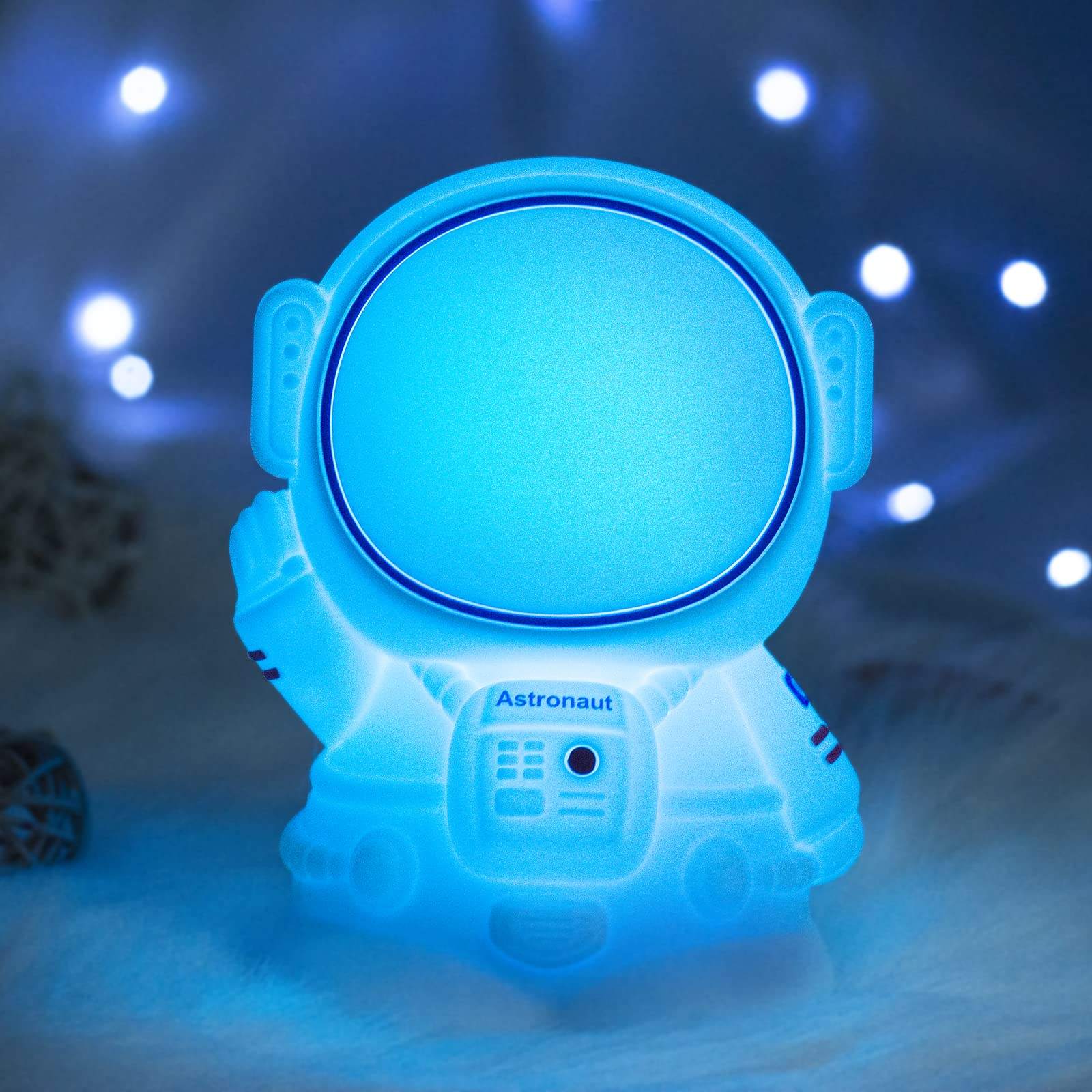 Astronaut night lamp with 16 color-changing LED lights and brightness adjustment, perfect for kids' bedrooms