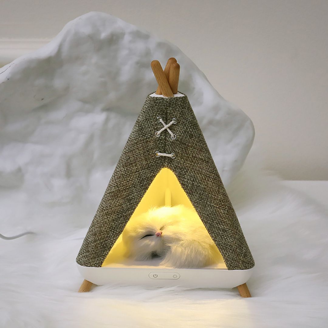 Adorable cat-shaped tent lamp with warm white light, Bluetooth speaker, and USB rechargeable feature