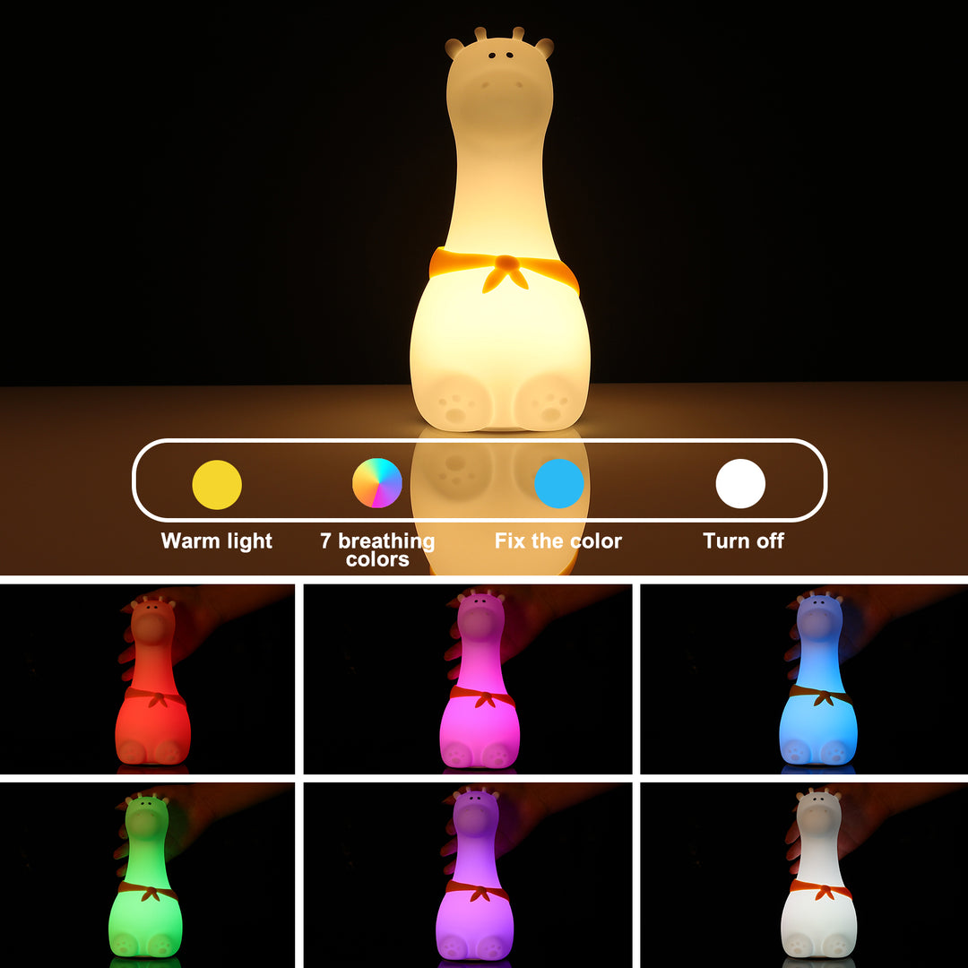 Giraffe silicone night light showcasing all 7 color options in a vibrant display.