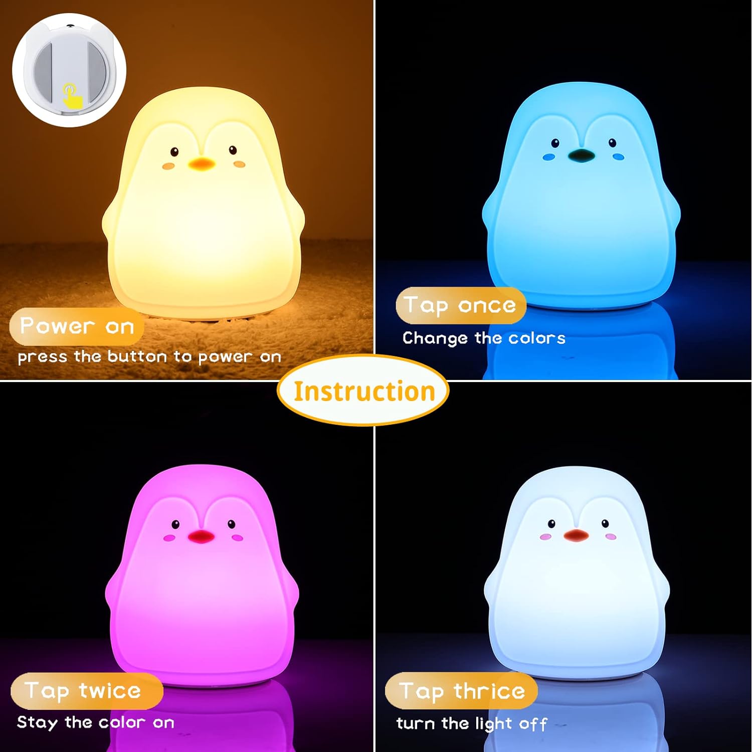 Battery-powered Penguin Night Light with changing colors