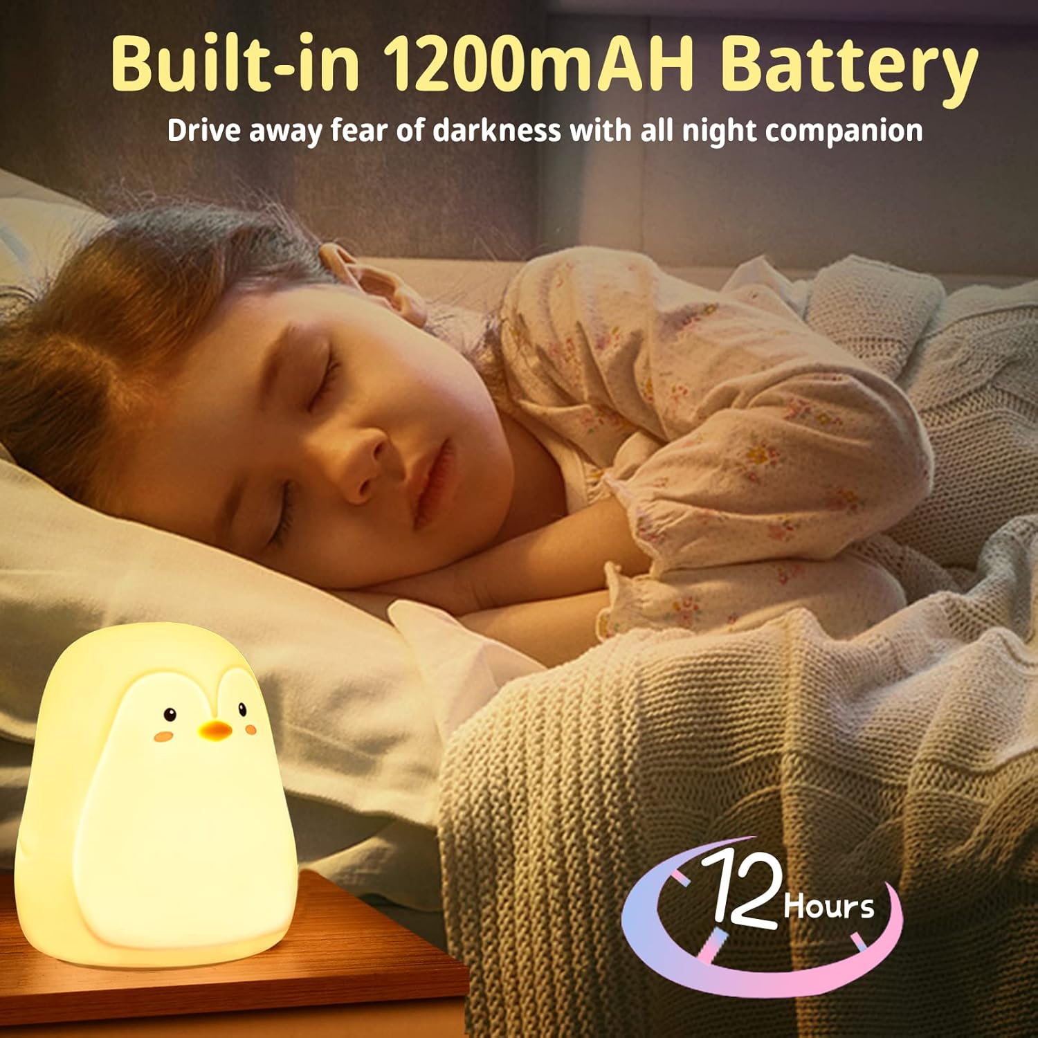 Cordless and portable Penguin Night Light for kids' bedroom.